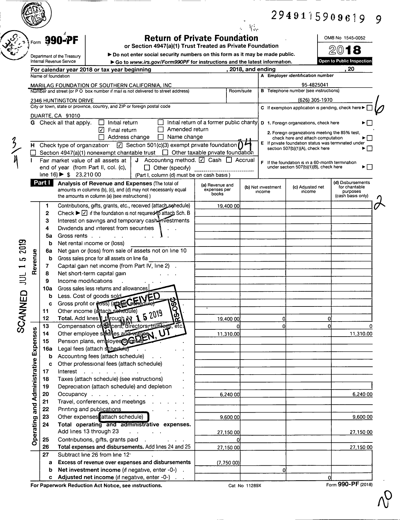 Image of first page of 2018 Form 990PF for Marilag Foundation of Southern California