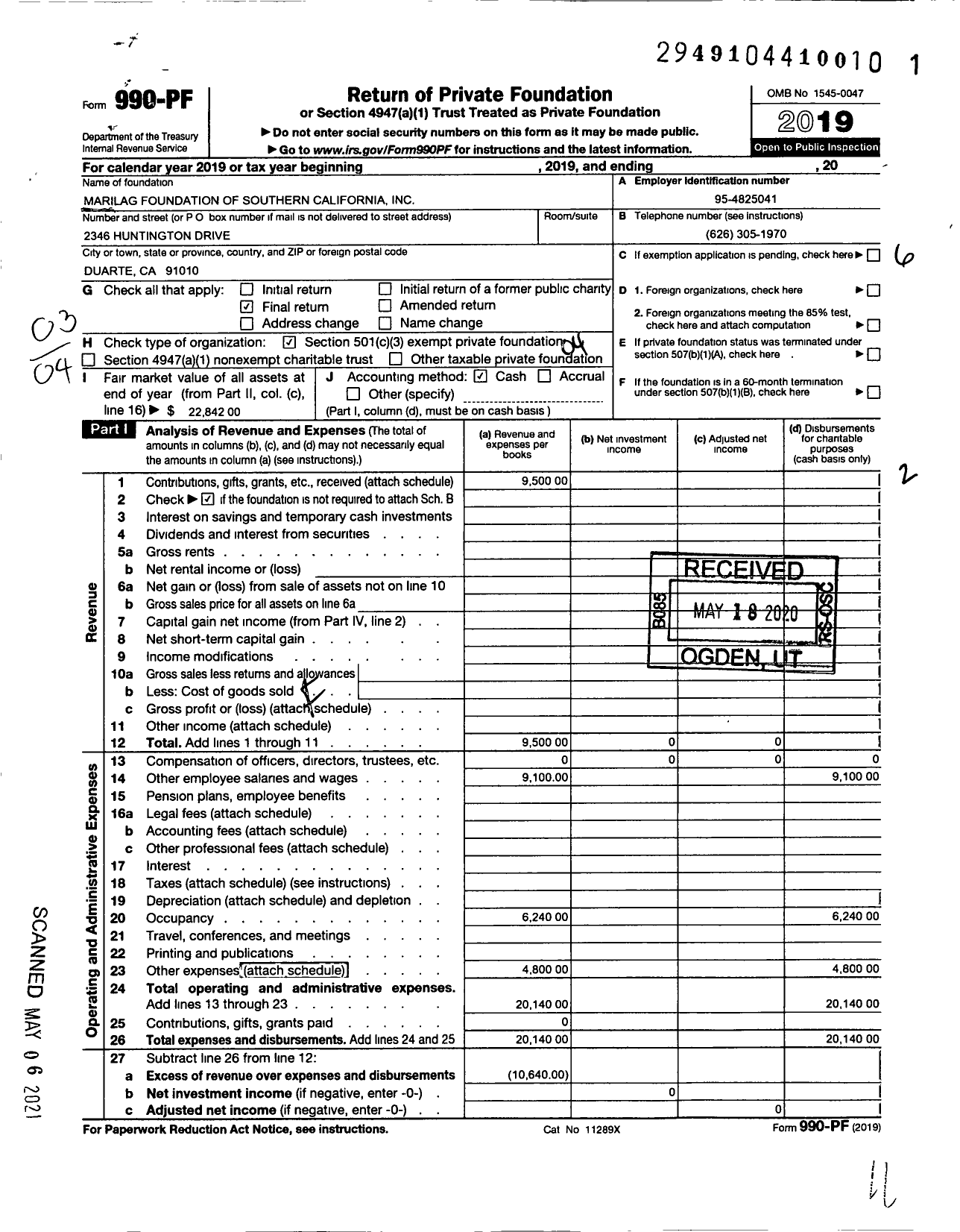 Image of first page of 2019 Form 990PF for Marilag Foundation of Southern California