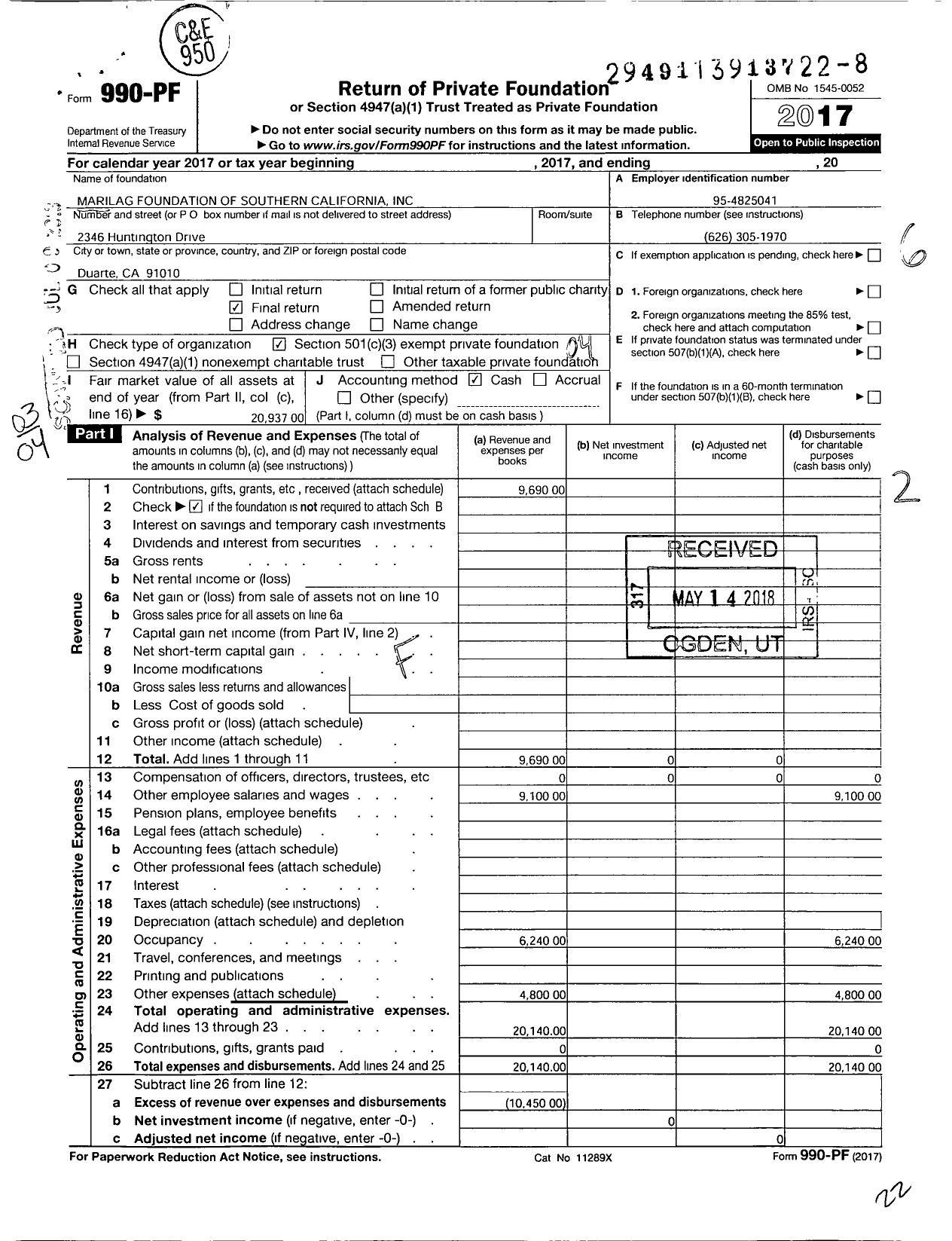 Image of first page of 2017 Form 990PF for Marilag Foundation of Southern California