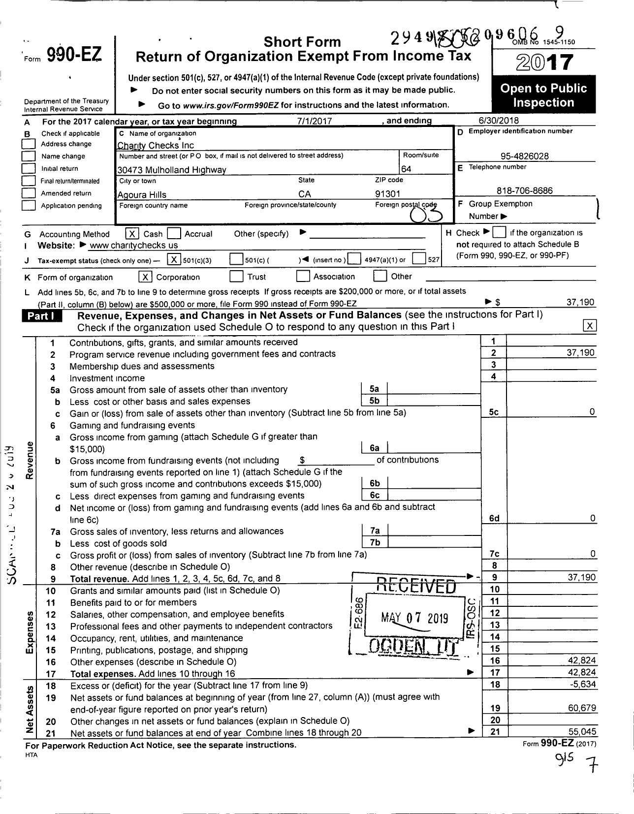 Image of first page of 2017 Form 990EZ for Charity Checks