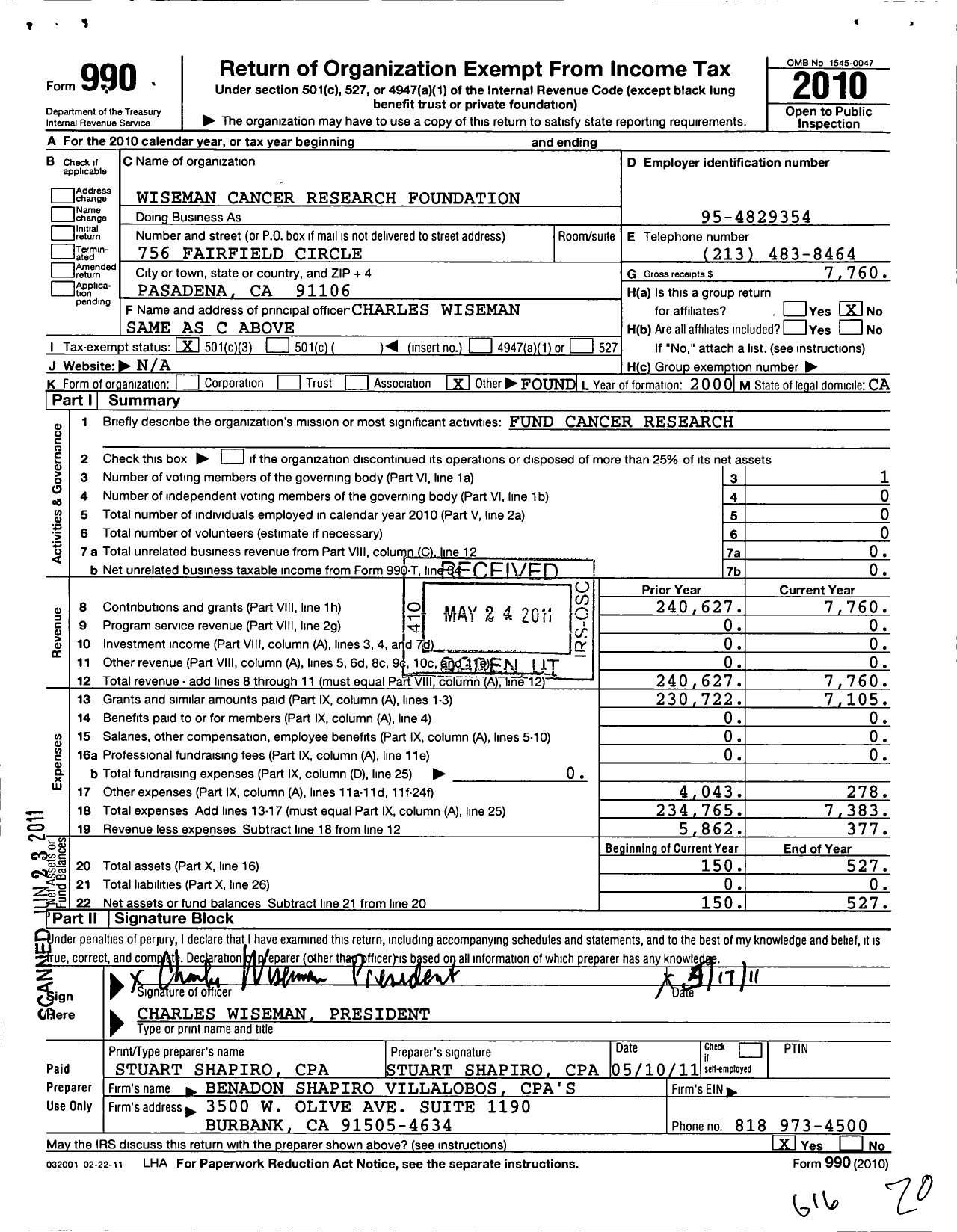 Image of first page of 2010 Form 990 for Wiseman Cancer Research Foundation