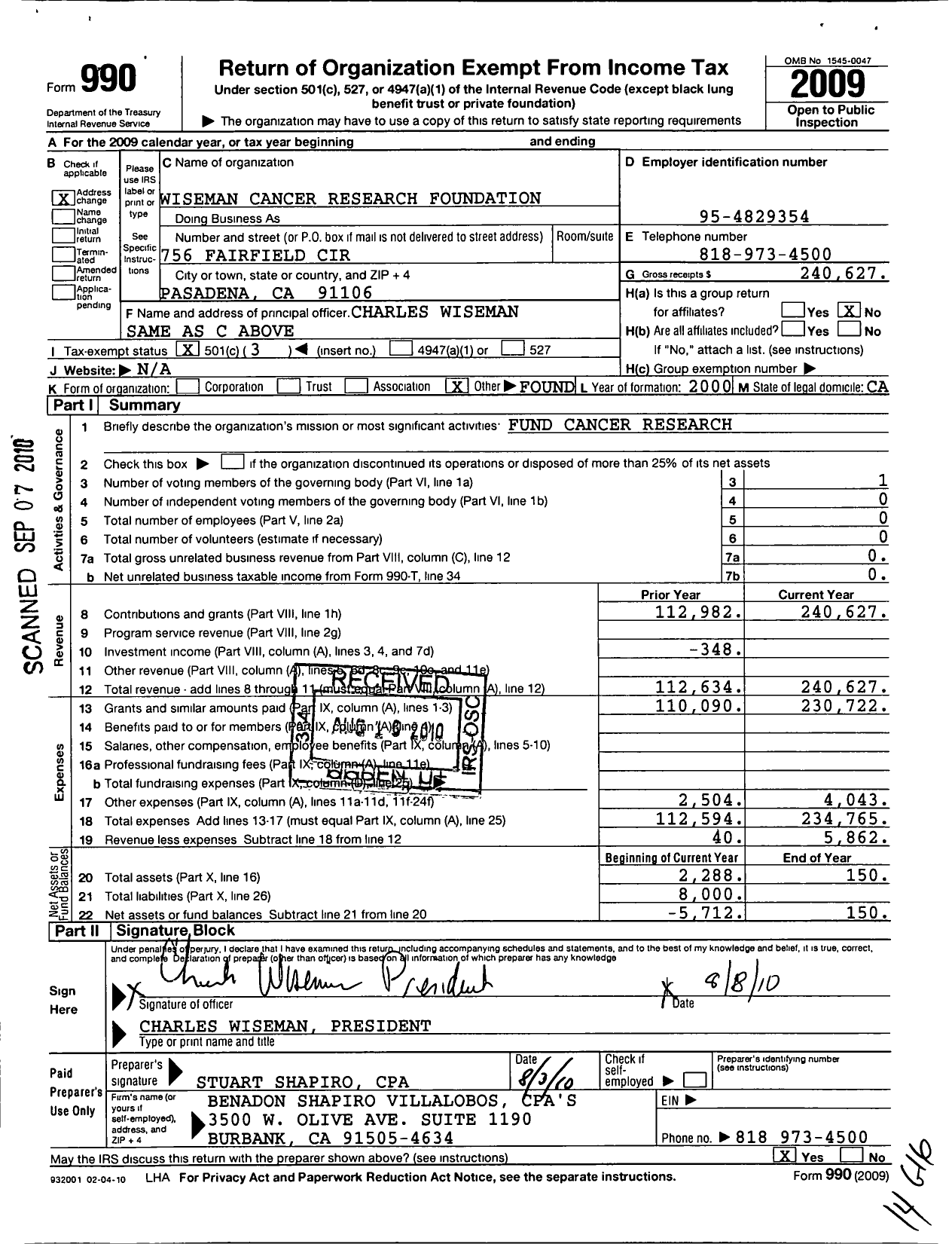 Image of first page of 2009 Form 990 for Wiseman Cancer Research Foundation