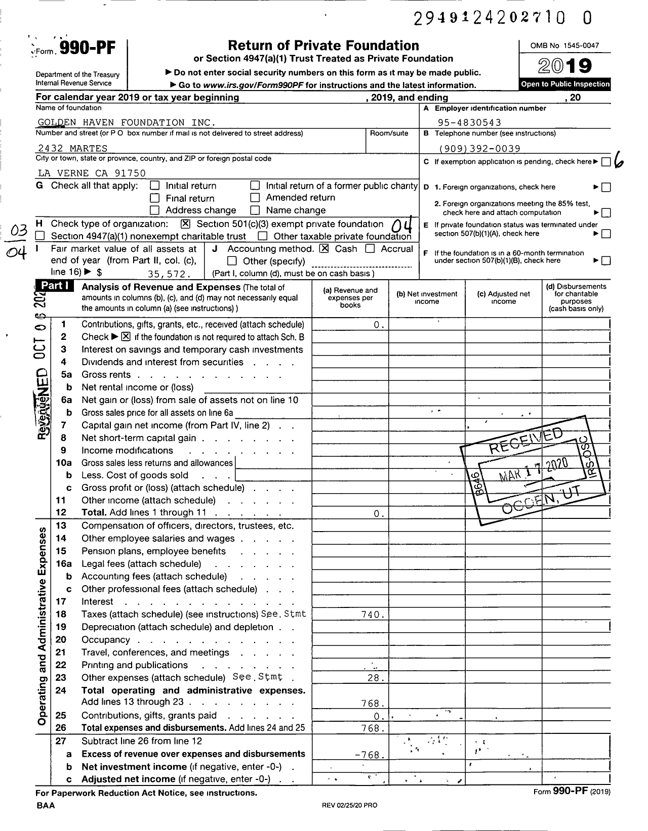 Image of first page of 2019 Form 990PR for Golden Haven Foundation