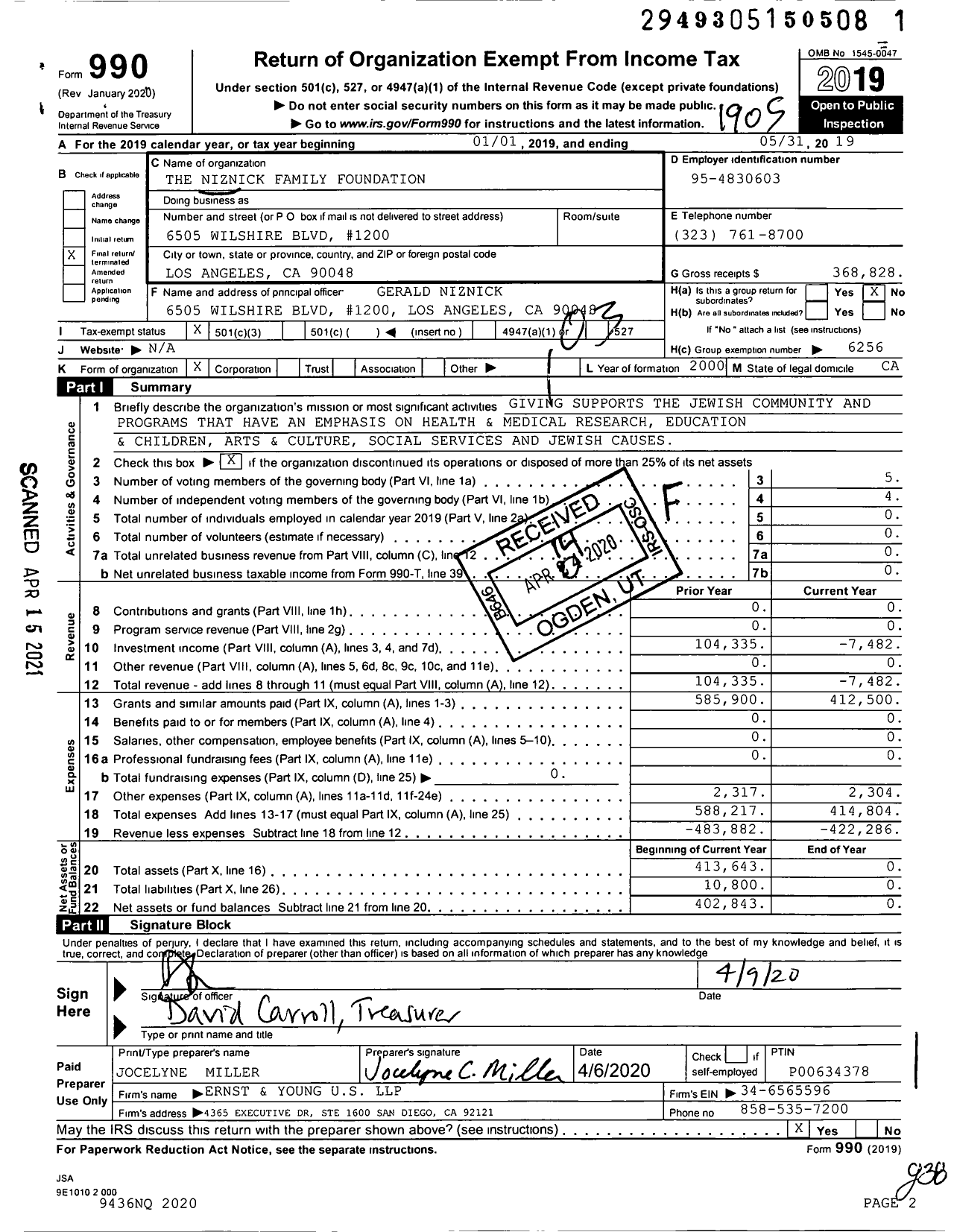 Image of first page of 2018 Form 990 for The Niznick Family Foundation