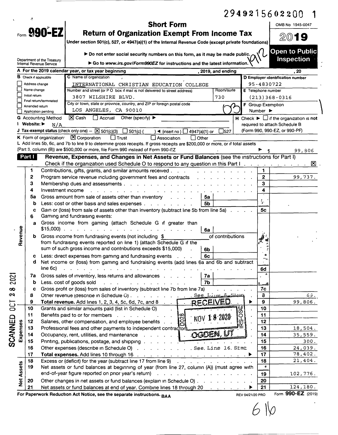 Image of first page of 2019 Form 990EZ for International Christian Education College