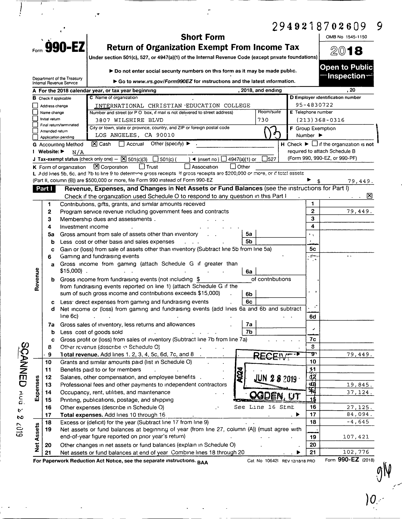 Image of first page of 2018 Form 990EZ for International Christian Education College