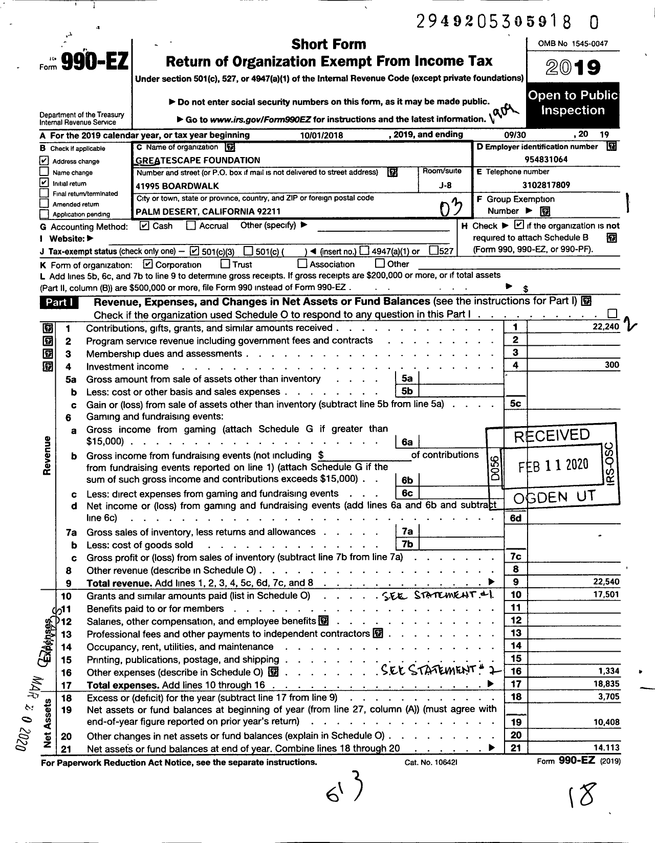 Image of first page of 2018 Form 990EZ for Greatescape Foundation