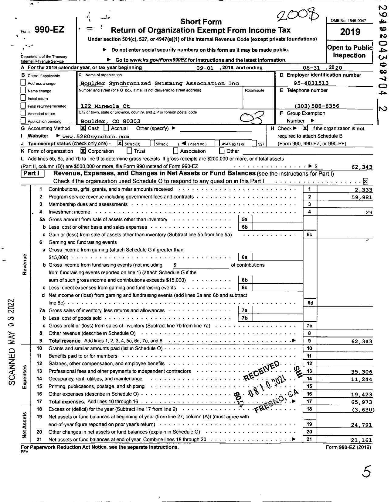 Image of first page of 2019 Form 990EZ for Boulder Synchronized Swimming Association