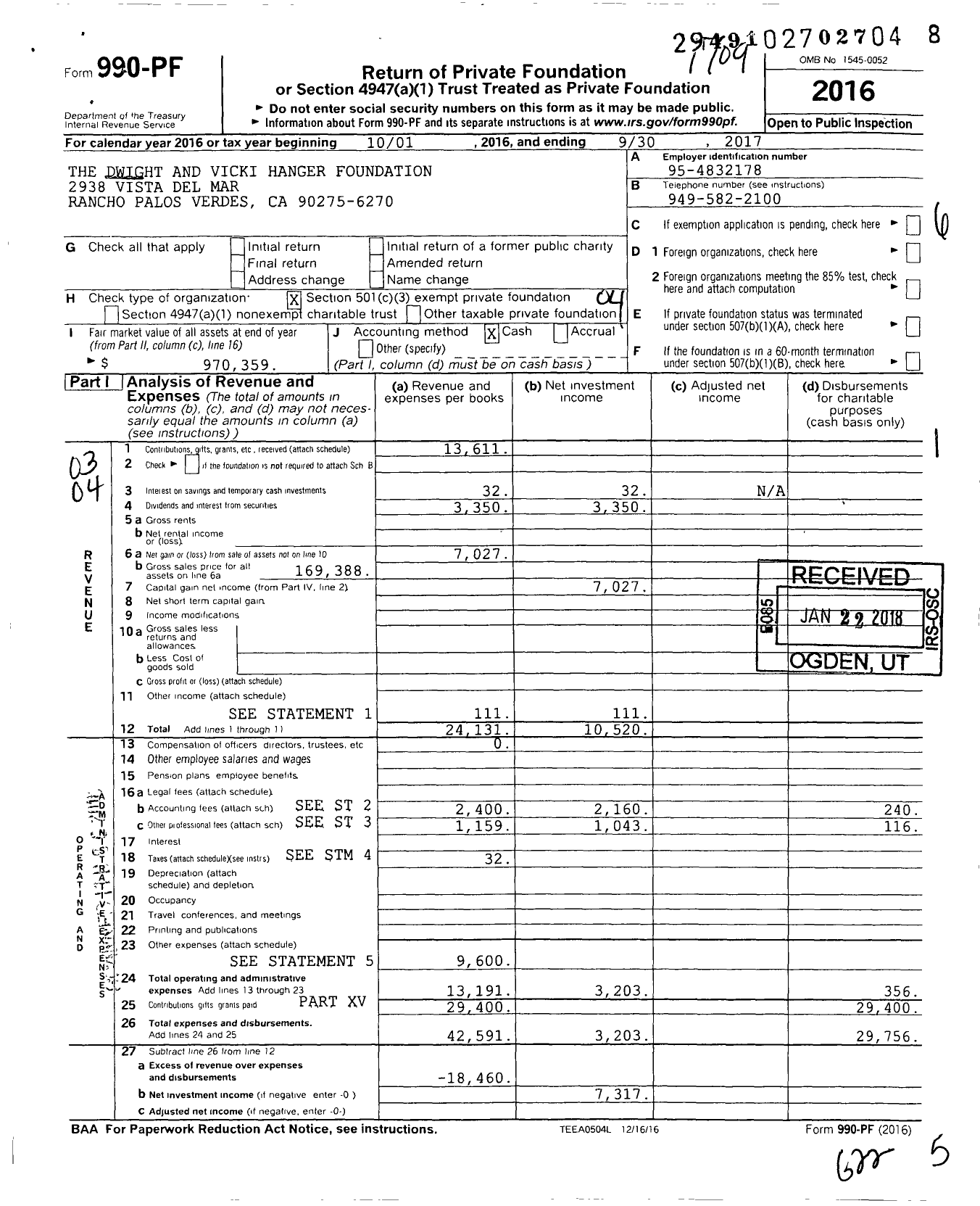 Image of first page of 2016 Form 990PF for The Dwight and Vicki Hanger Foundation