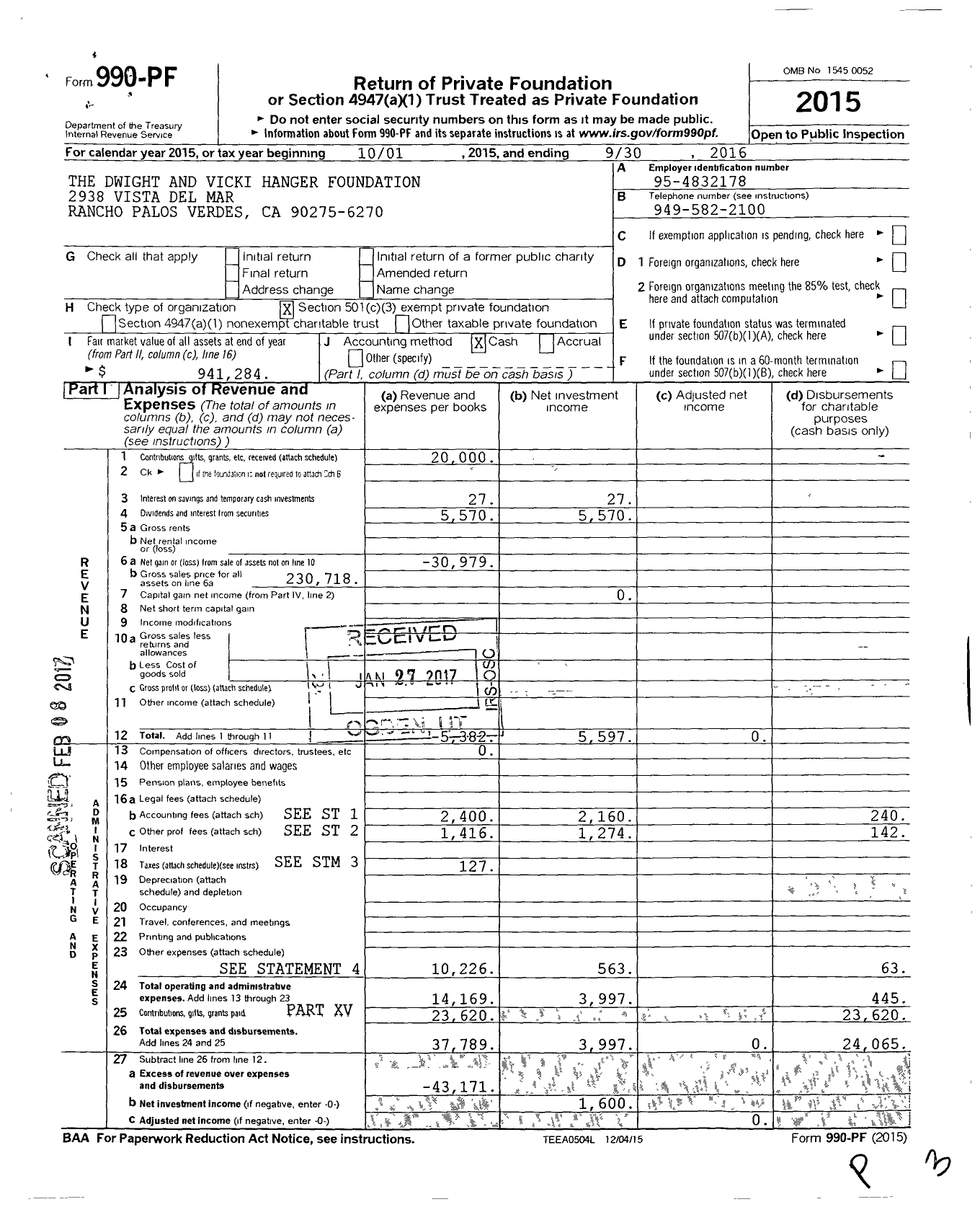 Image of first page of 2015 Form 990PF for The Dwight and Vicki Hanger Foundation