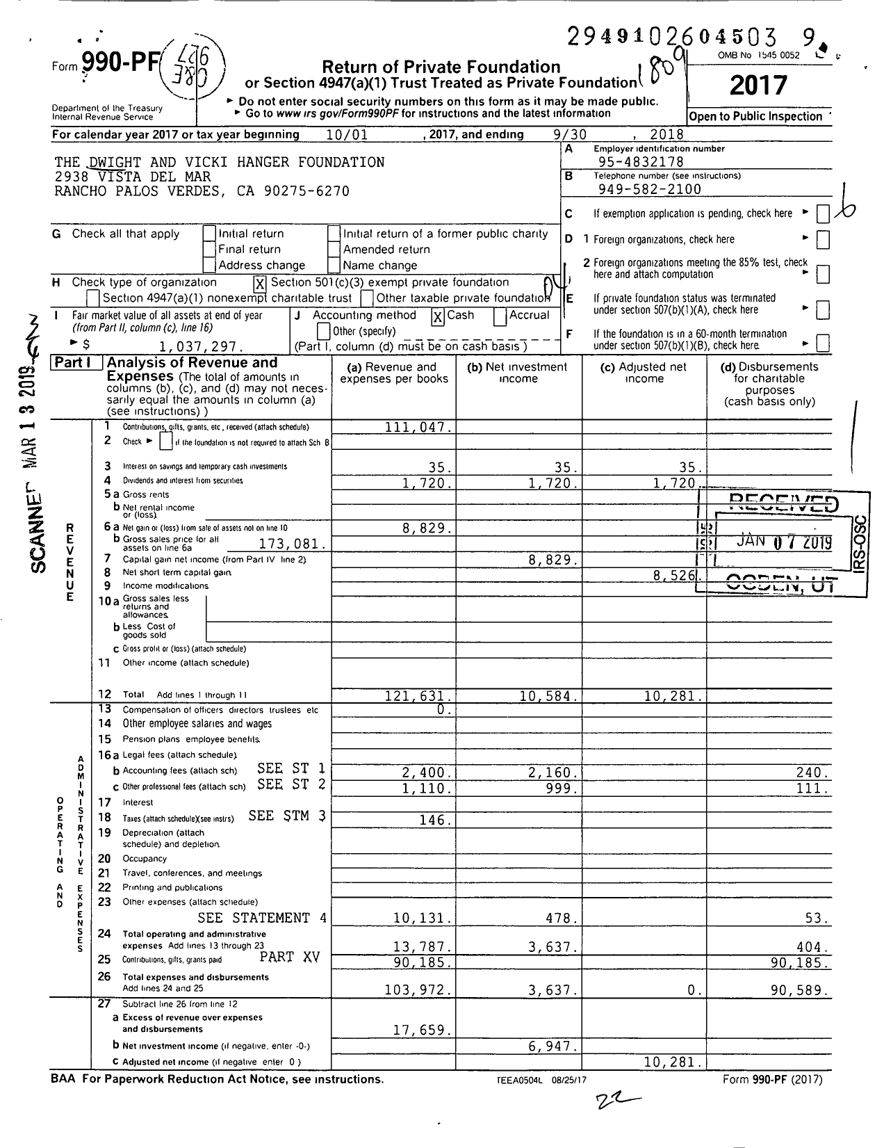 Image of first page of 2017 Form 990PF for The Dwight and Vicki Hanger Foundation