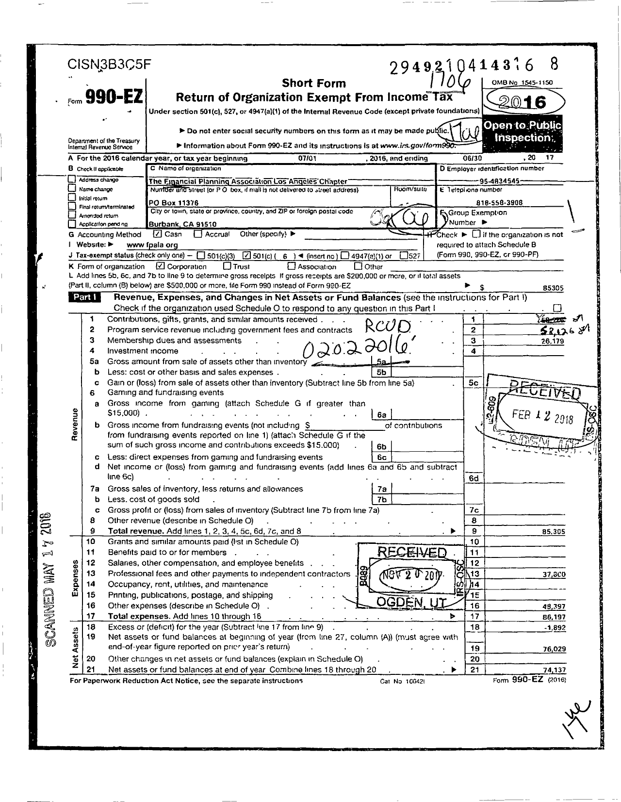 Image of first page of 2016 Form 990EO for Financial Planning Association Los Angeles Chapter