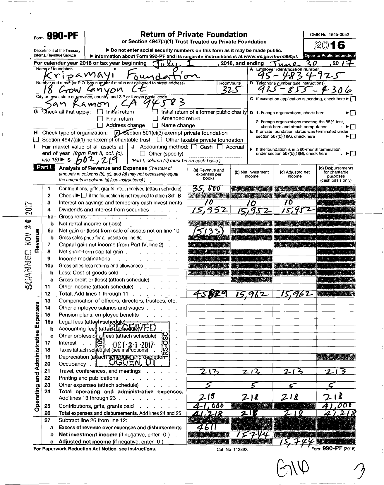 Image of first page of 2016 Form 990PF for The Kripamayi Foundation