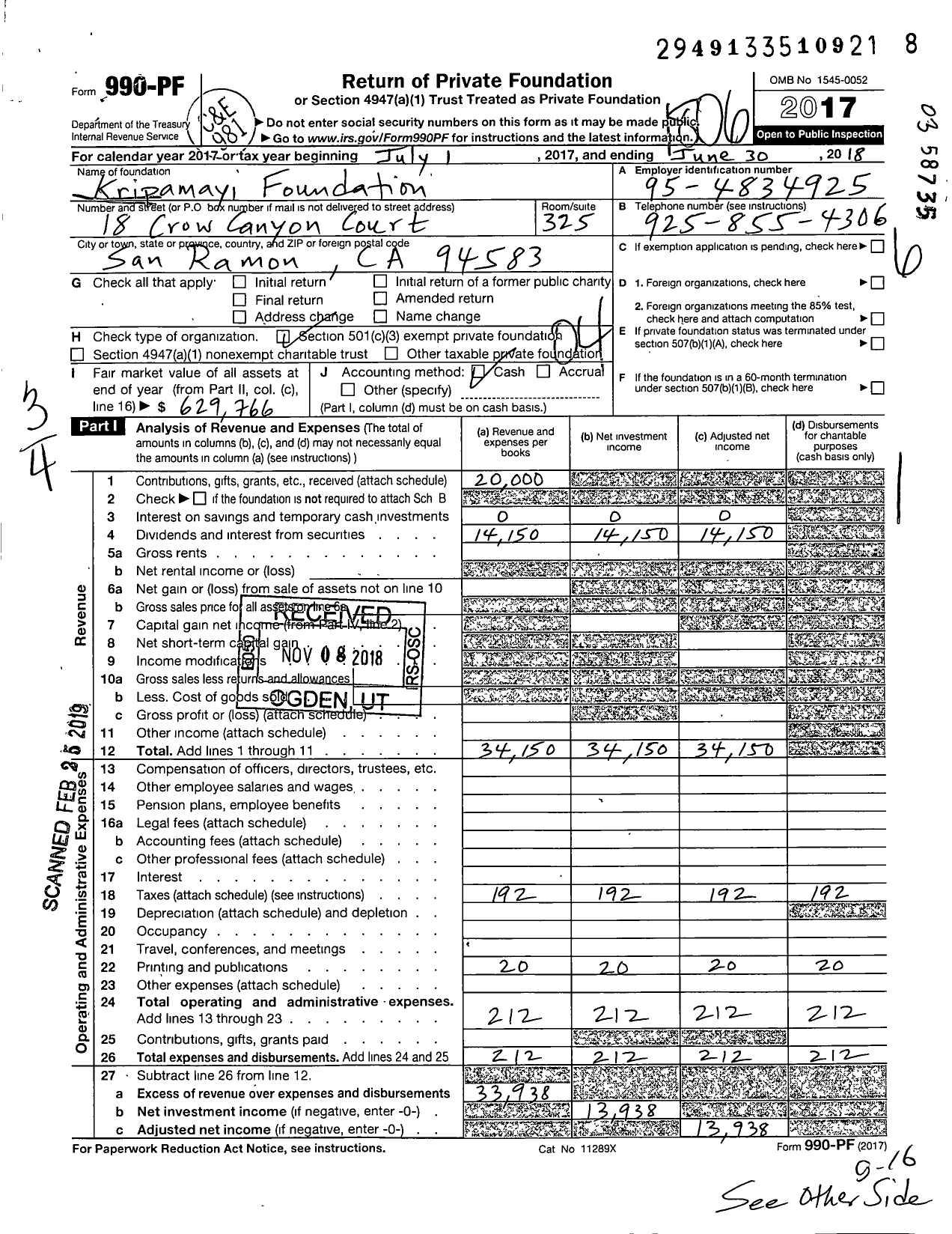 Image of first page of 2017 Form 990PF for The Kripamayi Foundation