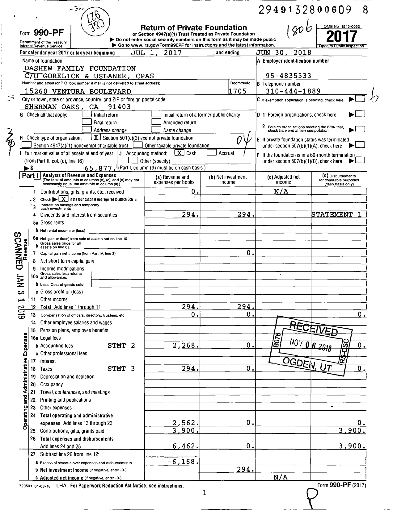 Image of first page of 2017 Form 990PF for Dashew Family Foundation