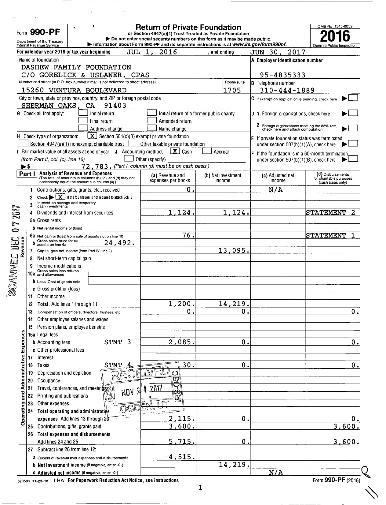 Image of first page of 2016 Form 990PF for Dashew Family Foundation