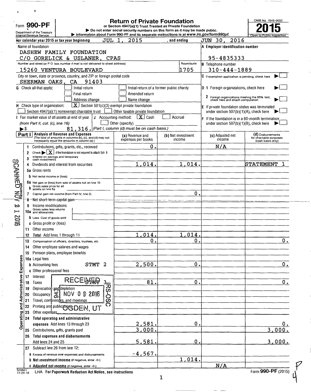 Image of first page of 2015 Form 990PF for Dashew Family Foundation