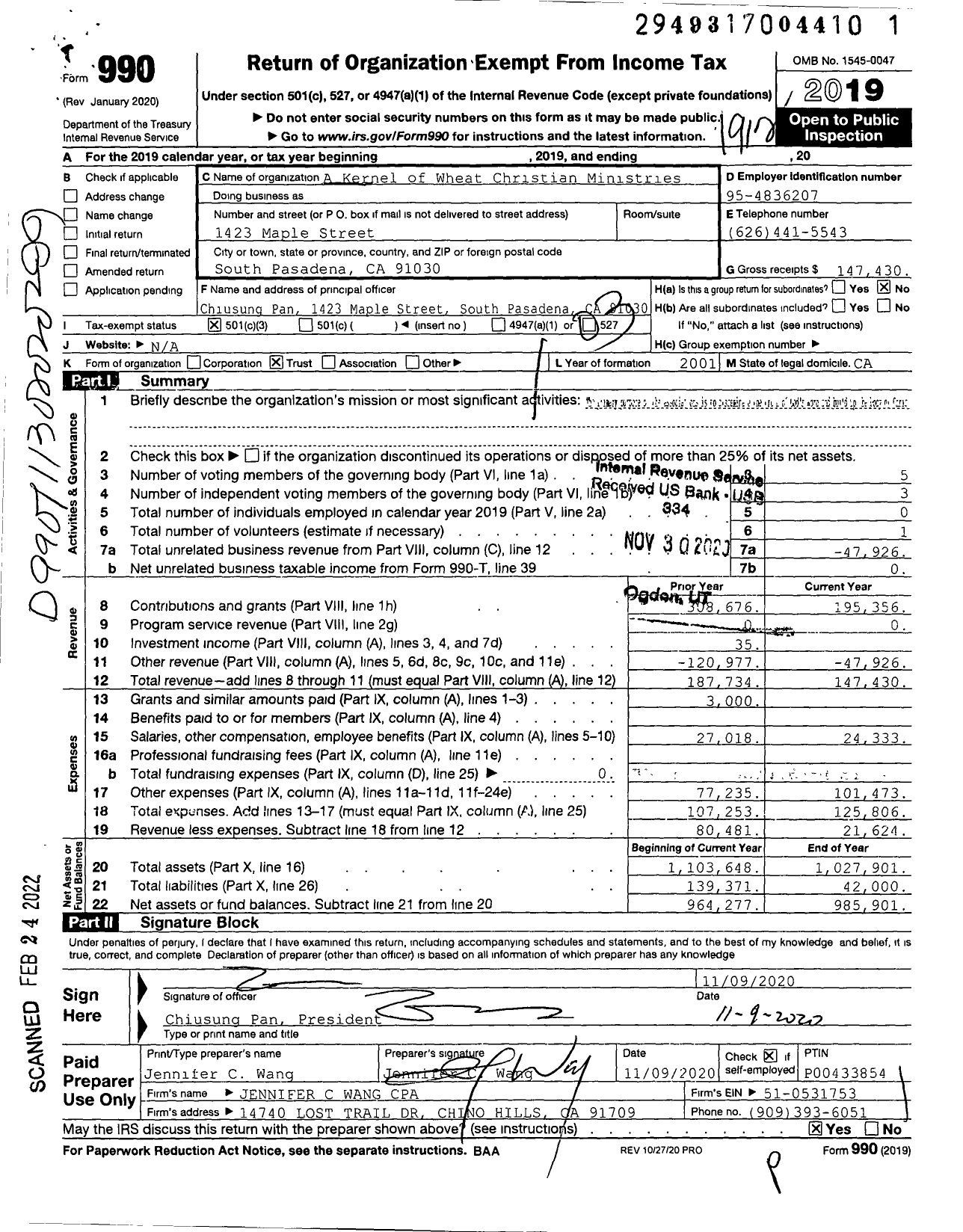 Image of first page of 2019 Form 990 for A Kernel of Wheat Christian Ministries