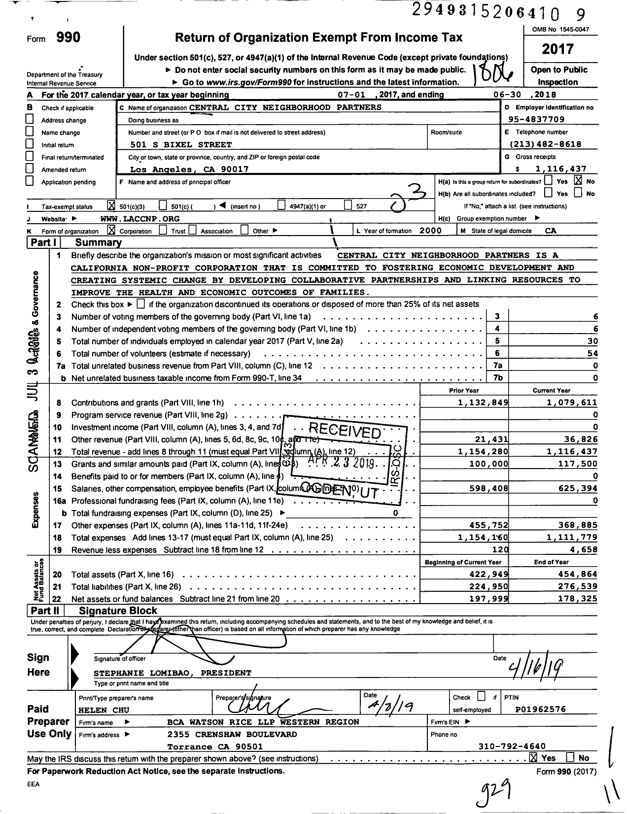 Image of first page of 2017 Form 990 for Central City Neighborhood Partners
