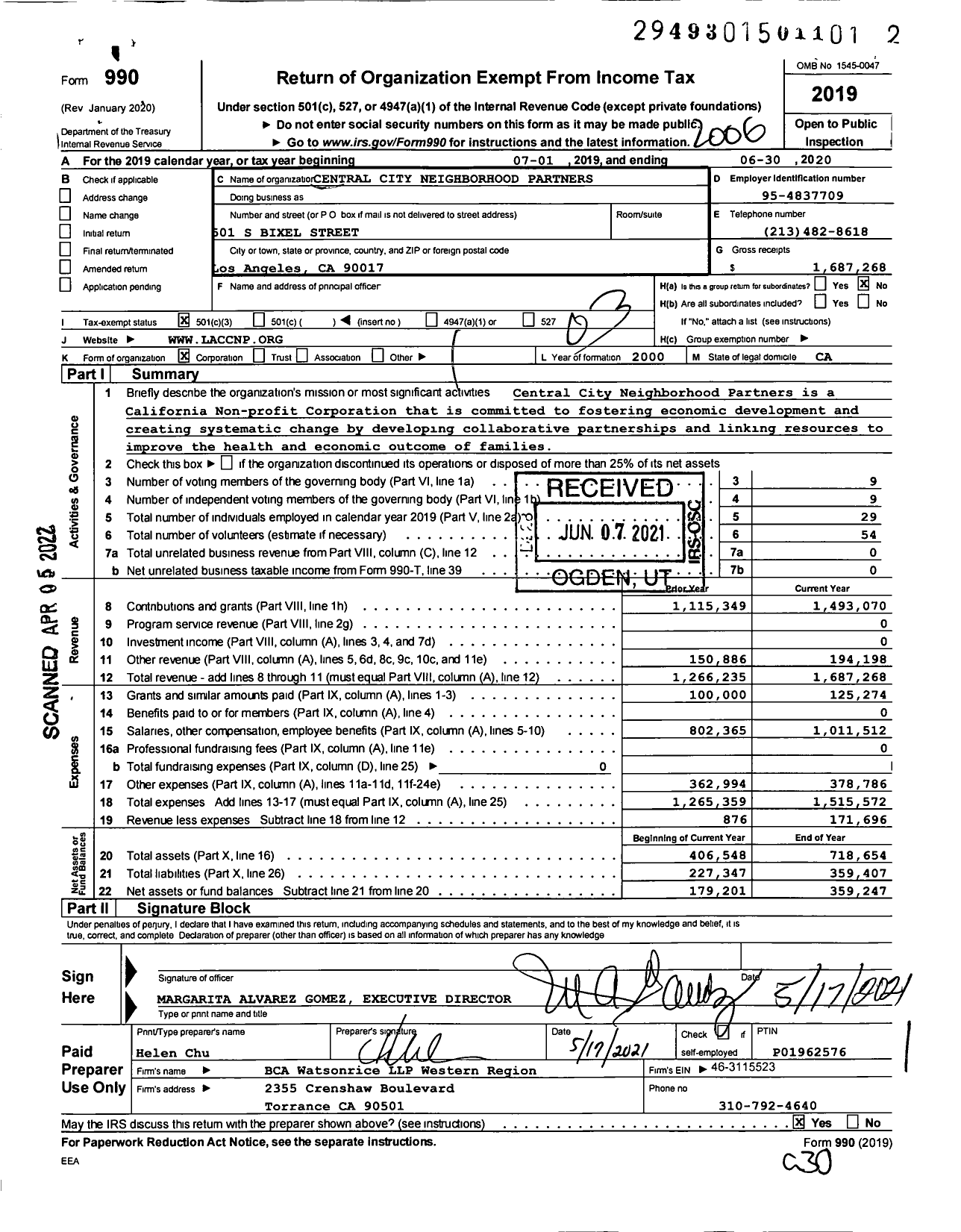 Image of first page of 2019 Form 990 for Central City Neighborhood Partners