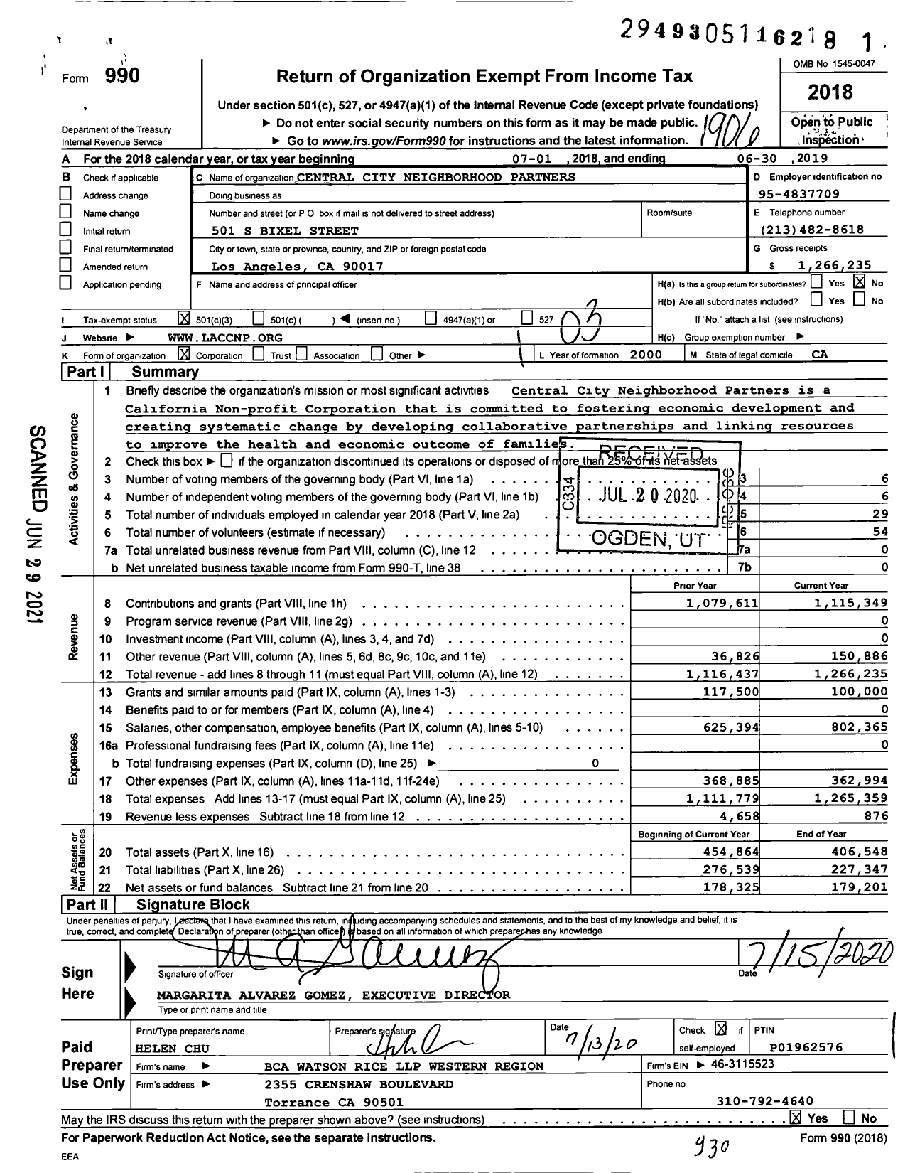 Image of first page of 2018 Form 990 for Central City Neighborhood Partners