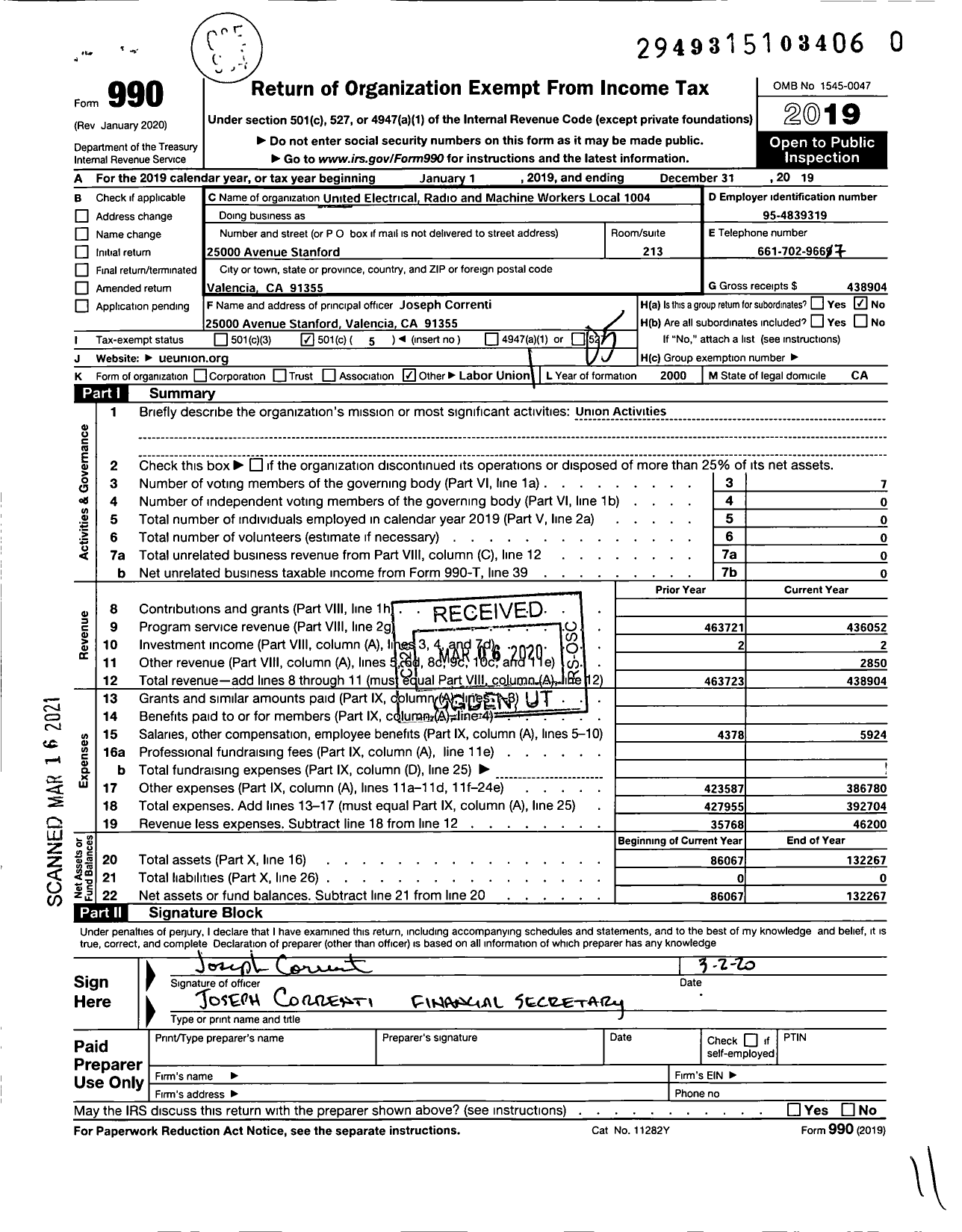 Image of first page of 2019 Form 990O for UNITED ELECTRICAL RADIO and MACHINE WORKERS OF AMERICA - 1004 Local