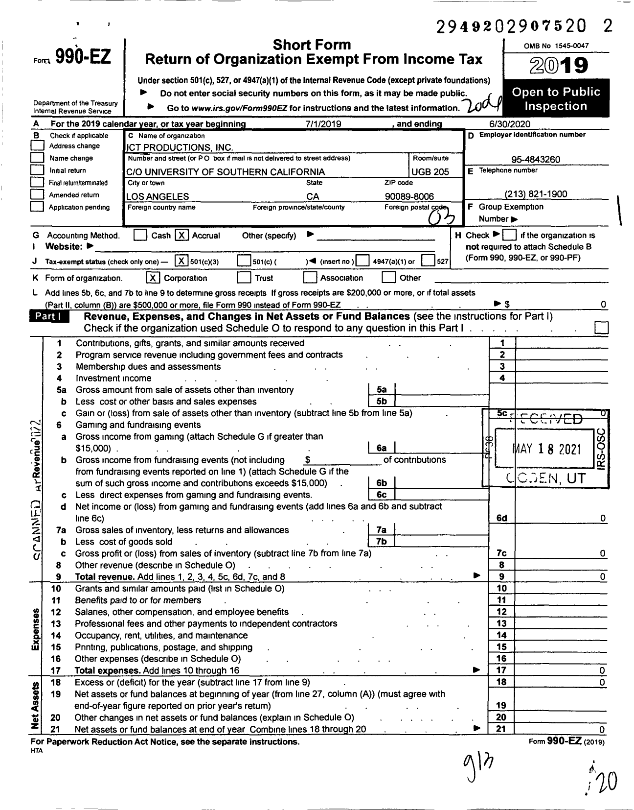 Image of first page of 2019 Form 990EZ for Ict Productions