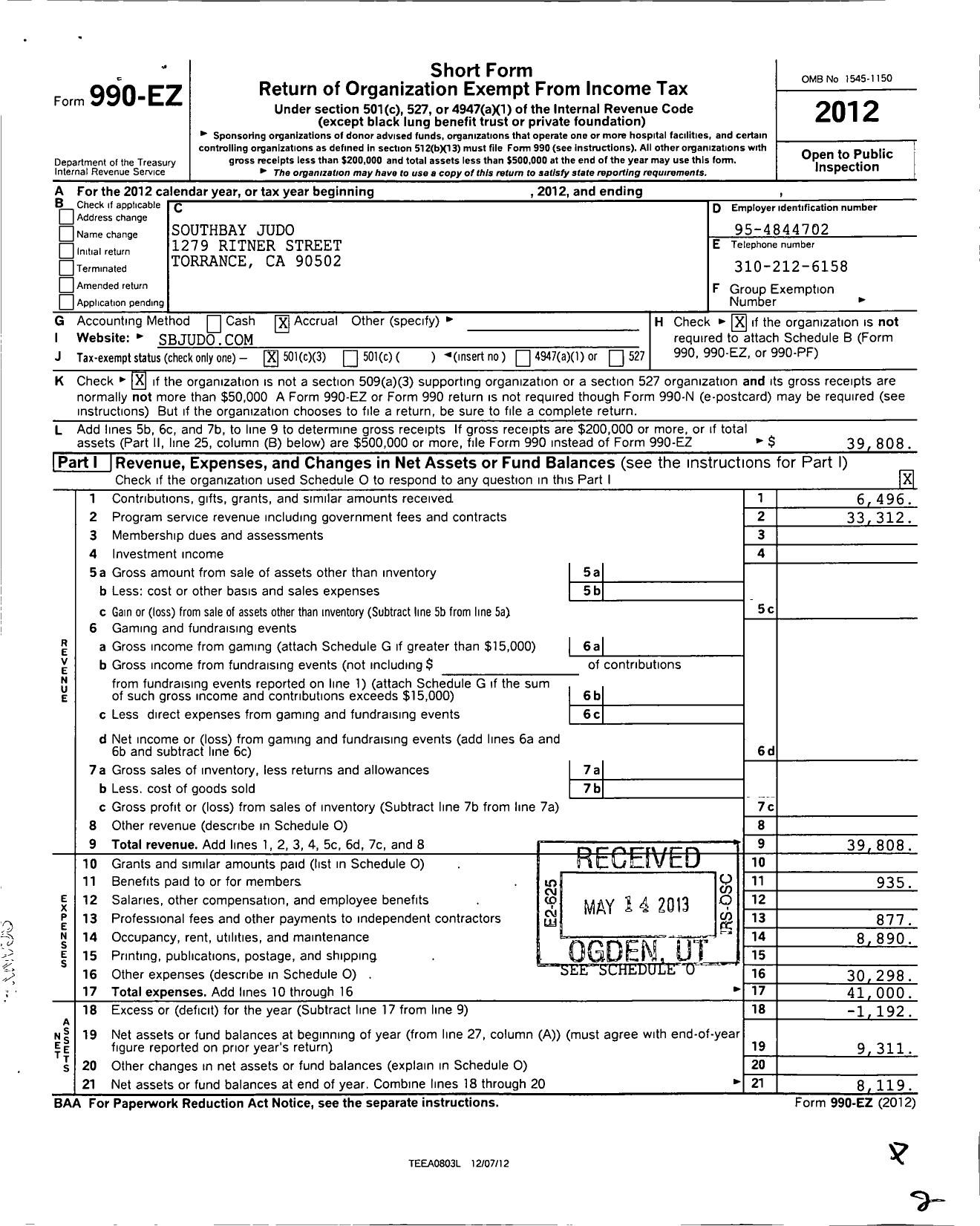 Image of first page of 2012 Form 990EZ for SouthBay Judo