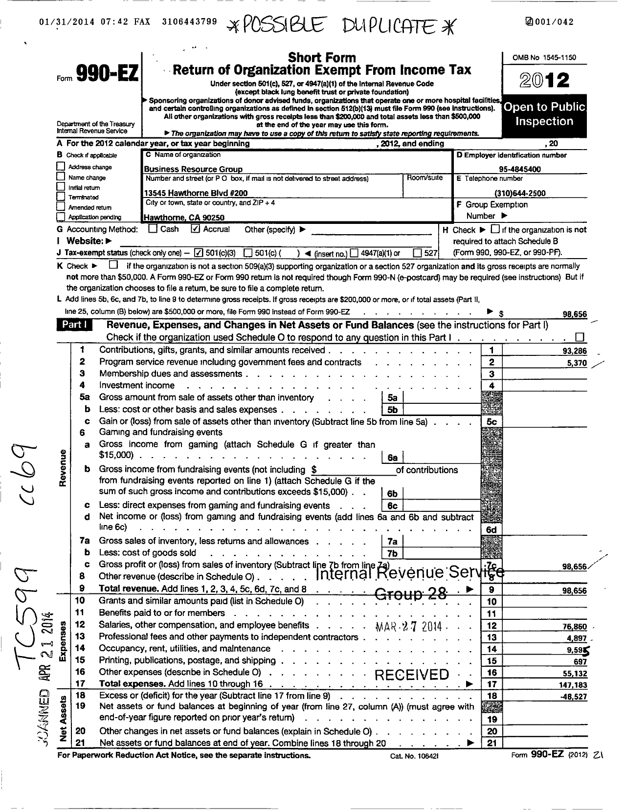 Image of first page of 2012 Form 990EZ for Business Resource Group