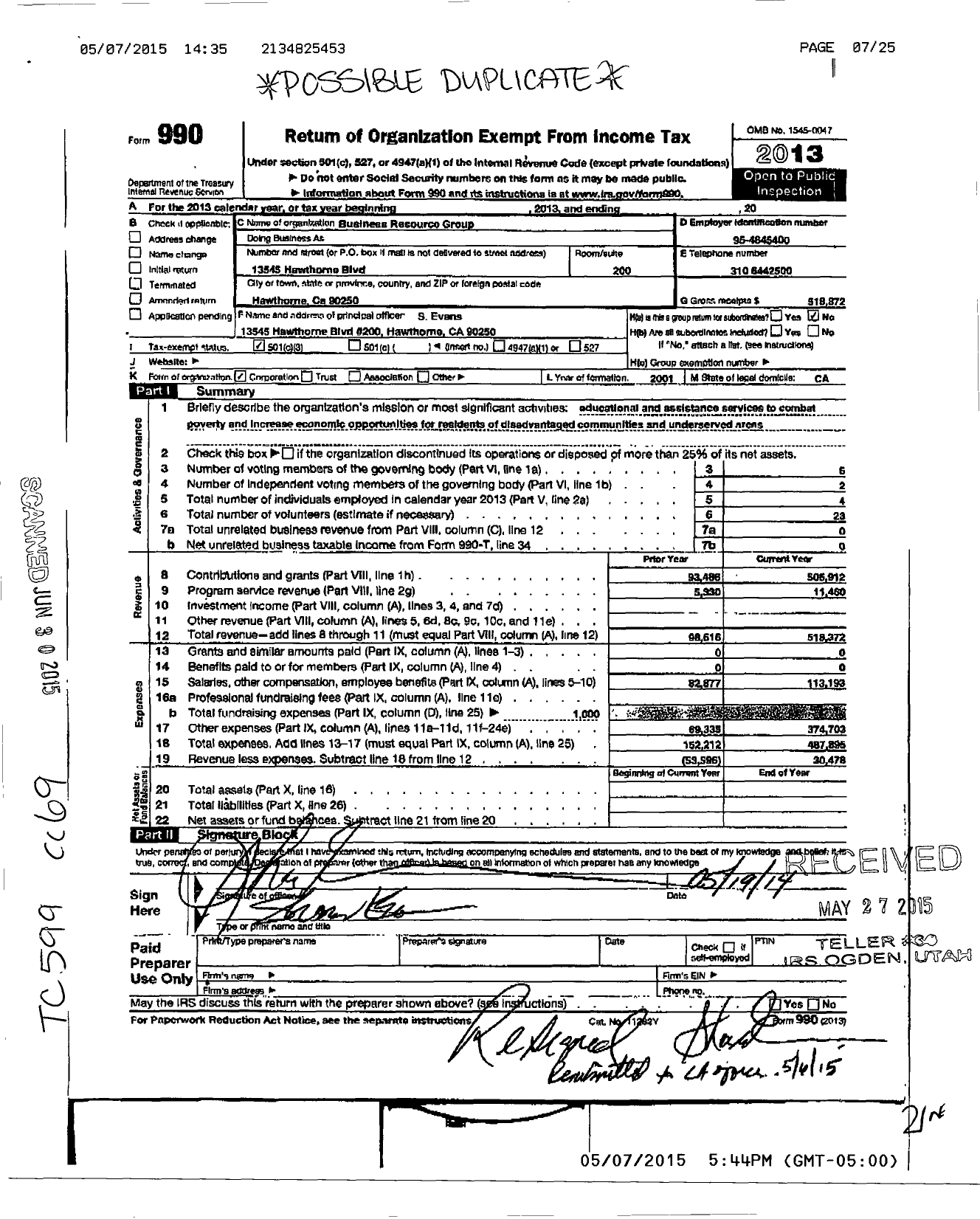 Image of first page of 2013 Form 990 for Business Resource Group