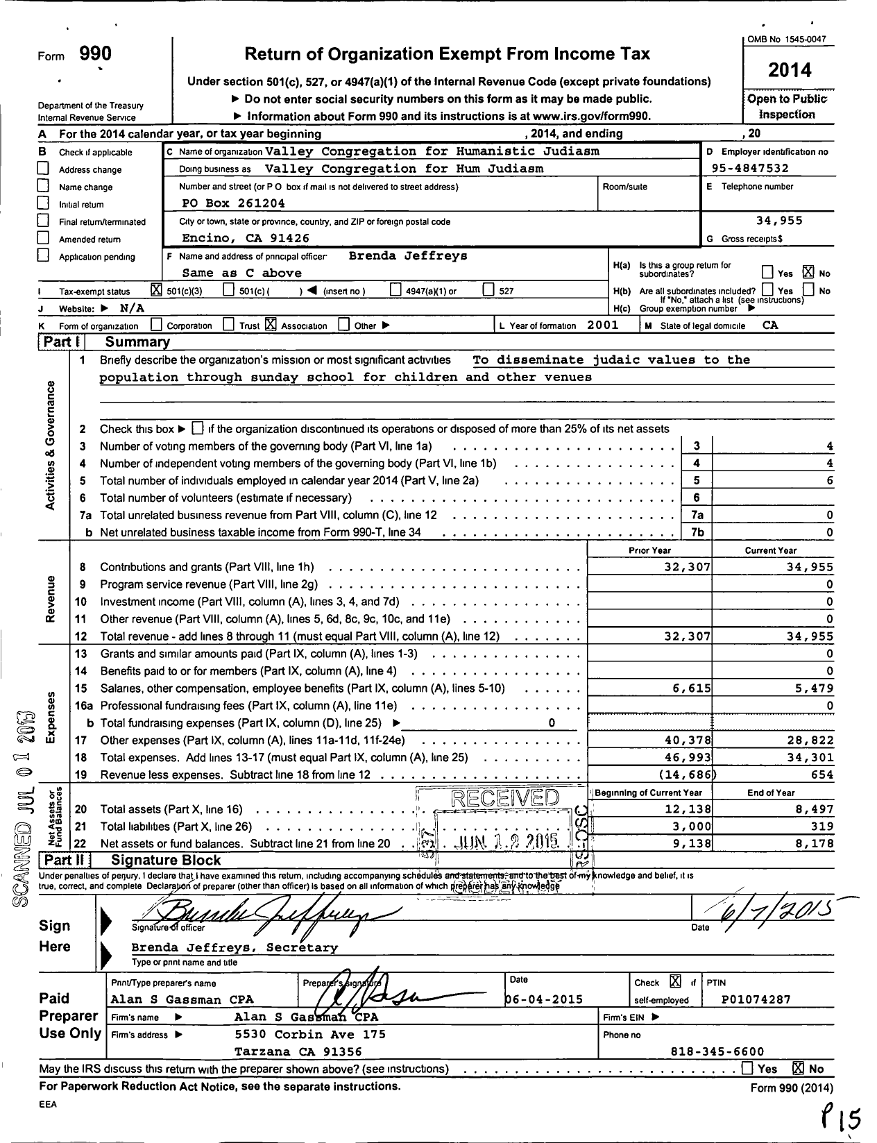 Image of first page of 2014 Form 990 for Valley Congregation for Humanistic Judaism