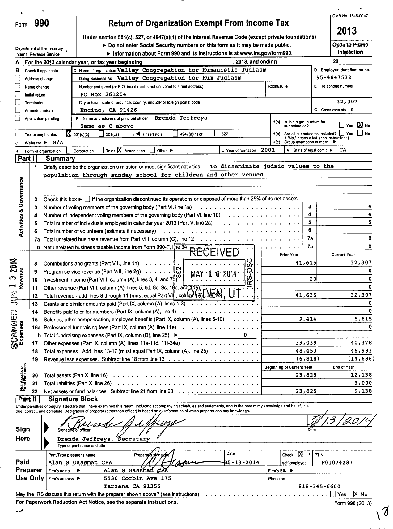 Image of first page of 2013 Form 990 for Valley Congregation for Humanistic Judaism