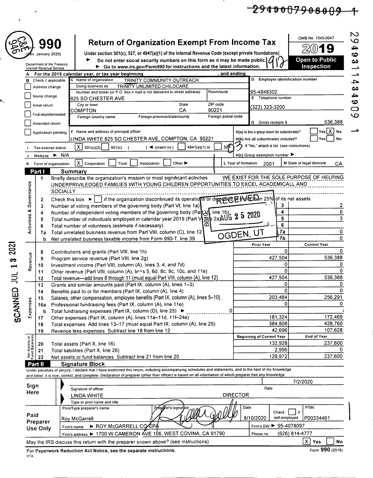 Image of first page of 2019 Form 990 for Trinity Unlimited Outreach