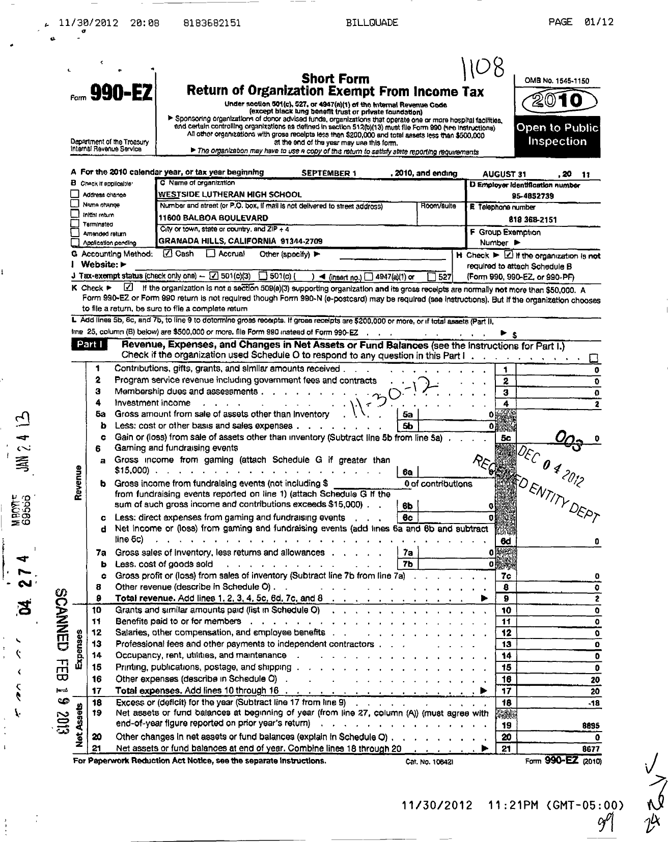 Image of first page of 2010 Form 990EZ for Westside Lutheran High School Association