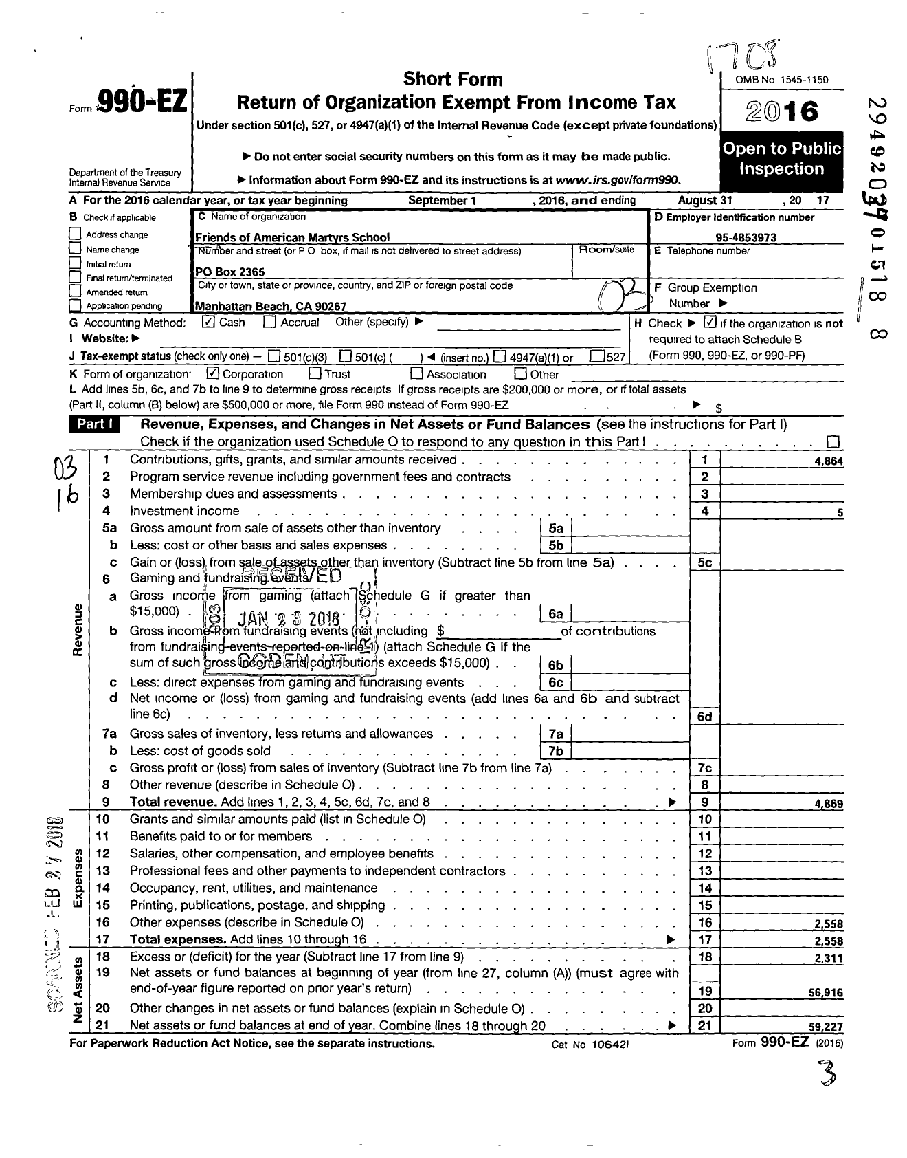 Image of first page of 2016 Form 990EZ for Friends of American Martyrs School