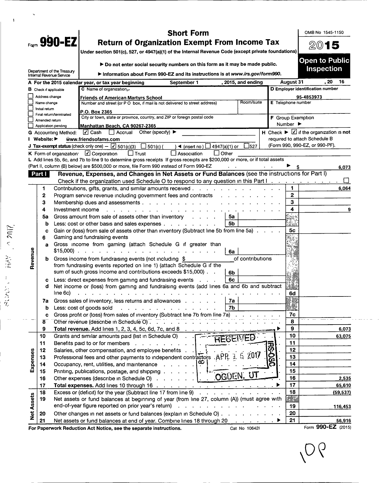 Image of first page of 2015 Form 990EZ for Friends of American Martyrs School