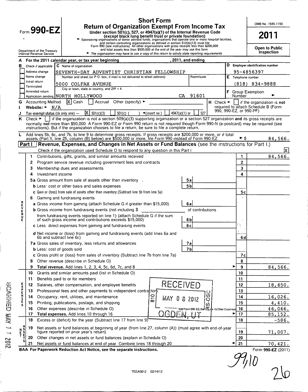 Image of first page of 2011 Form 990EZ for Seventh-Day Adventist Christian Fellowship