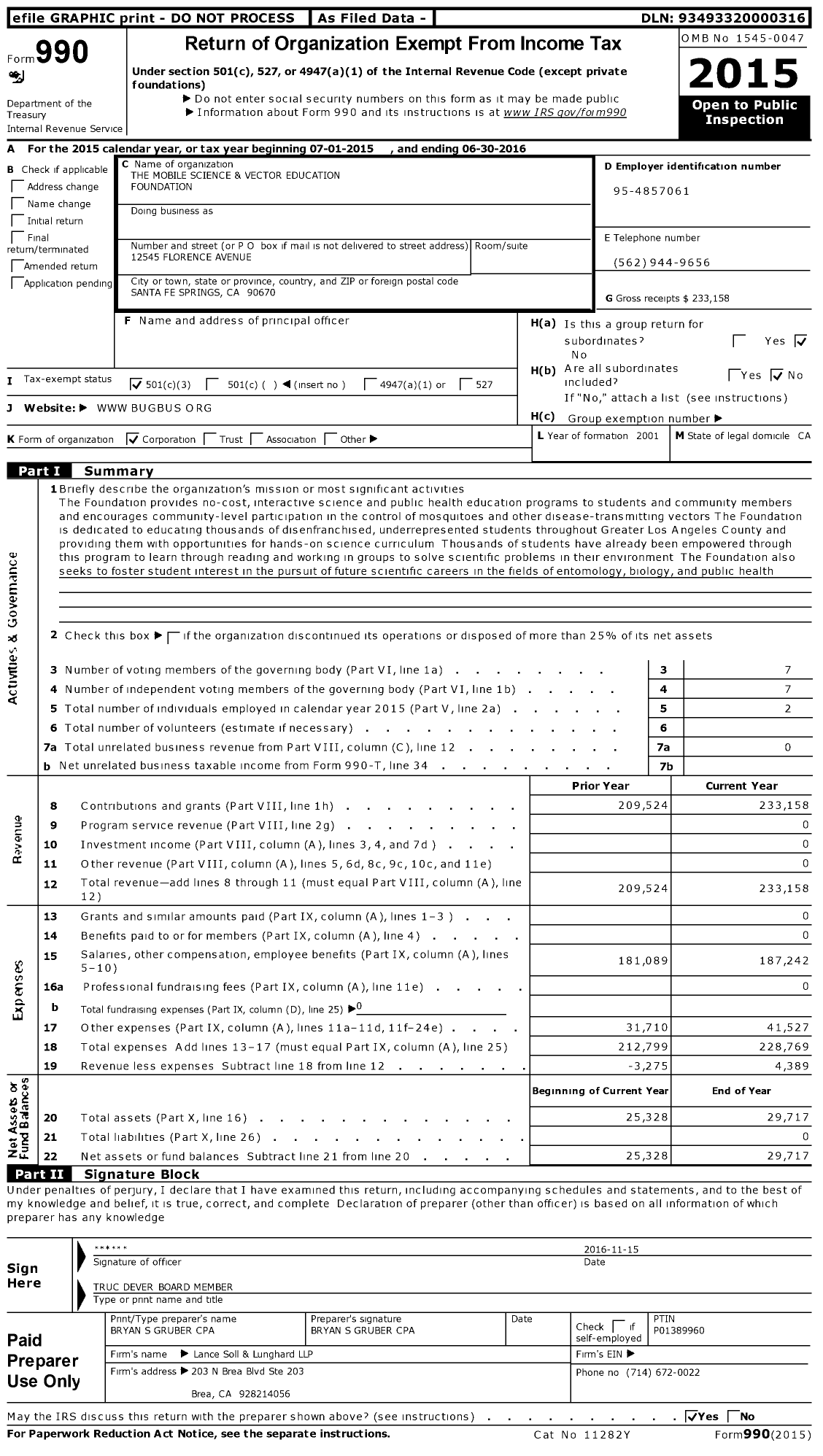 Image of first page of 2015 Form 990 for The Mobile Science & Vector Education Foundation