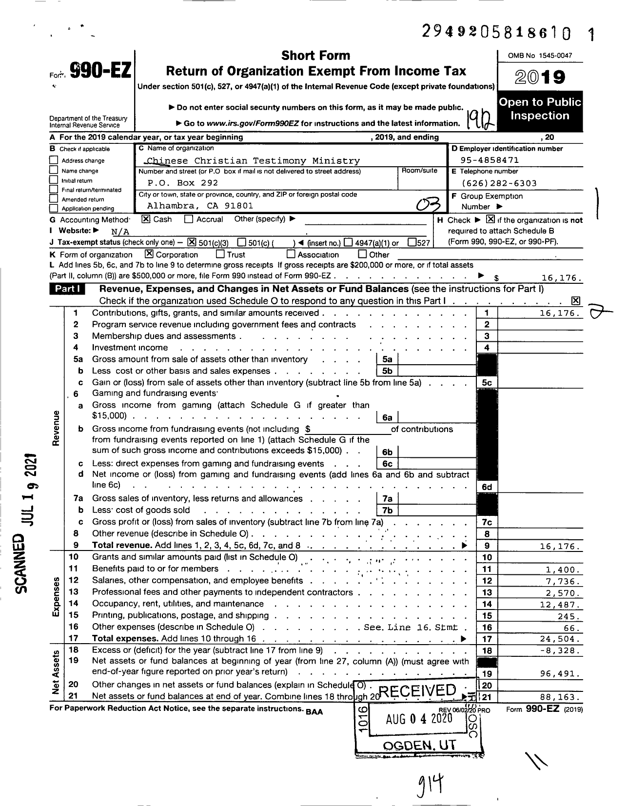 Image of first page of 2019 Form 990EZ for Chinese Christian Testimony Ministry