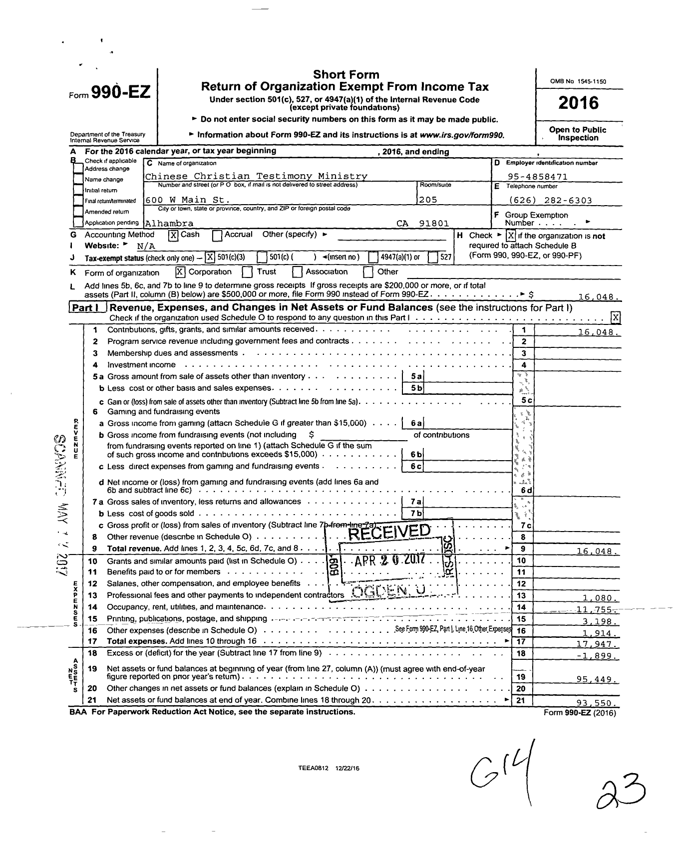 Image of first page of 2016 Form 990EZ for Chinese Christian Testimony Ministry