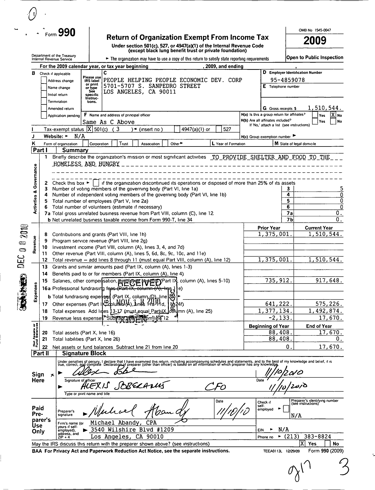 Image of first page of 2009 Form 990 for People Helping People Economic Developement Corporation