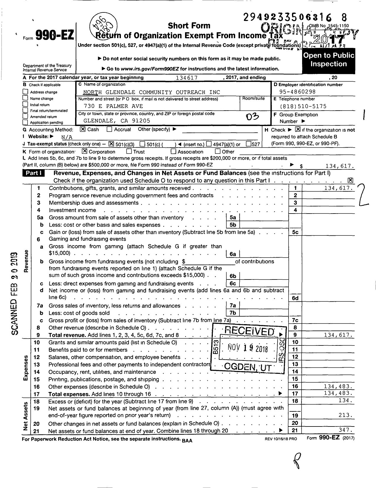 Image of first page of 2017 Form 990EZ for North Glendale Community Outreach