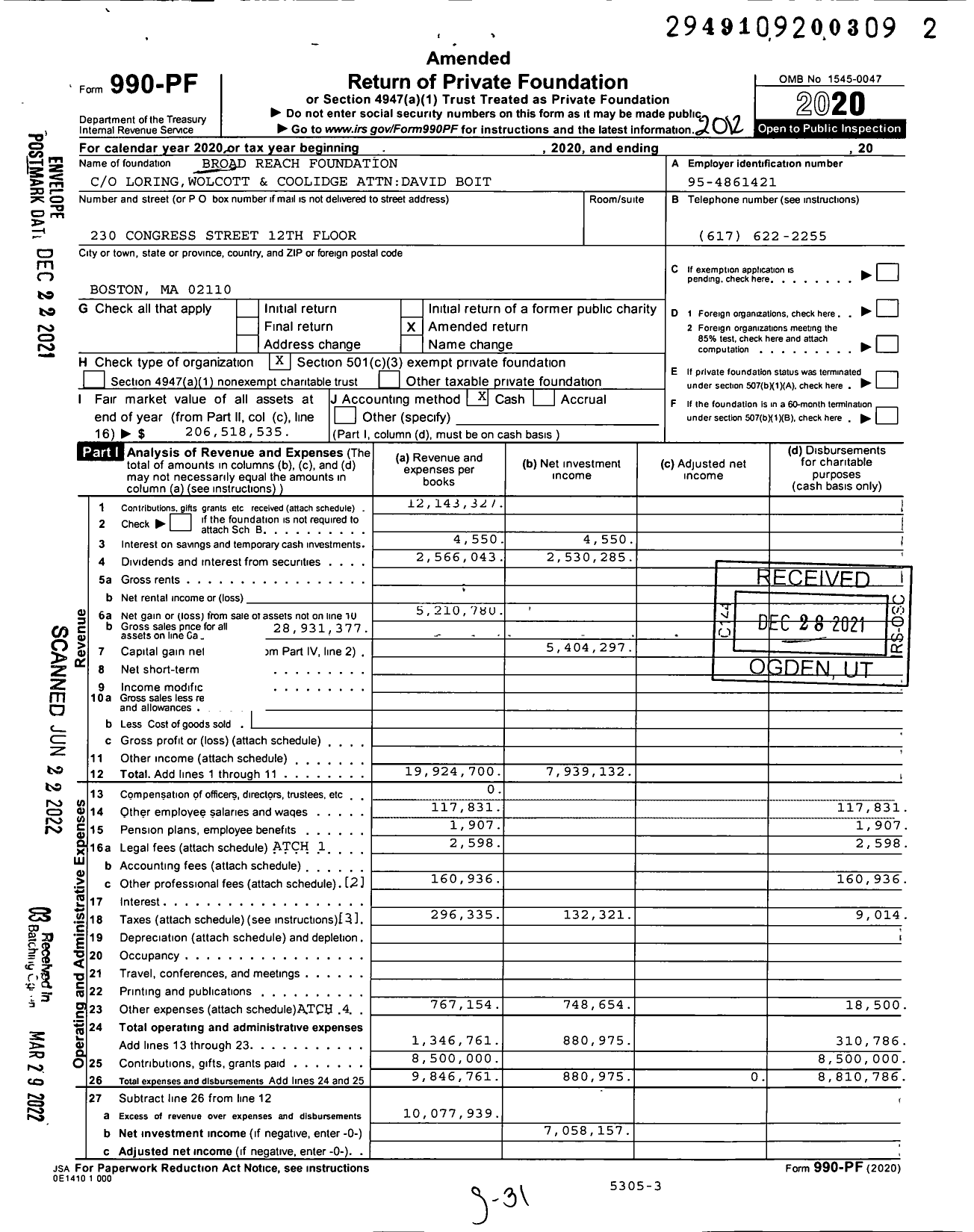 Image of first page of 2020 Form 990PF for Broad Reach Foundation