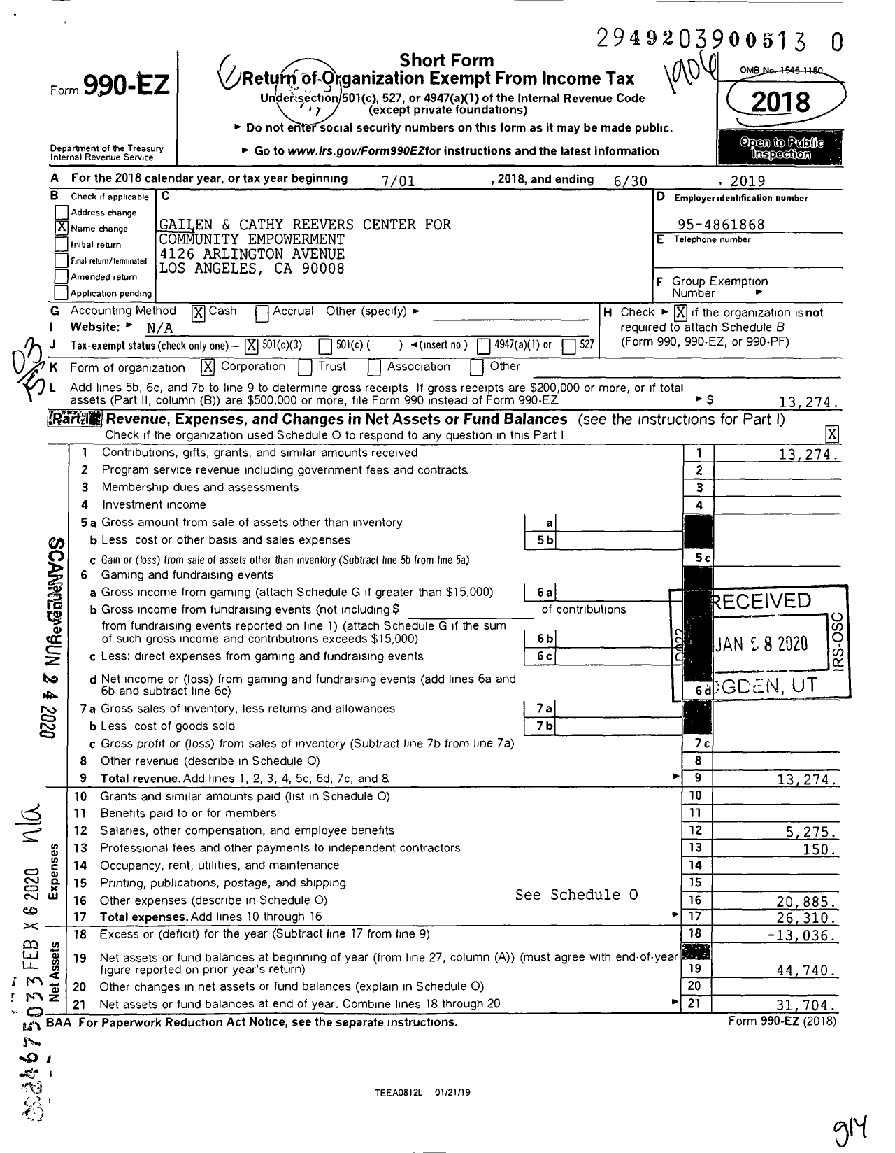 Image of first page of 2018 Form 990EZ for Gailen and Cathy Reevers Center for Community Empowerment