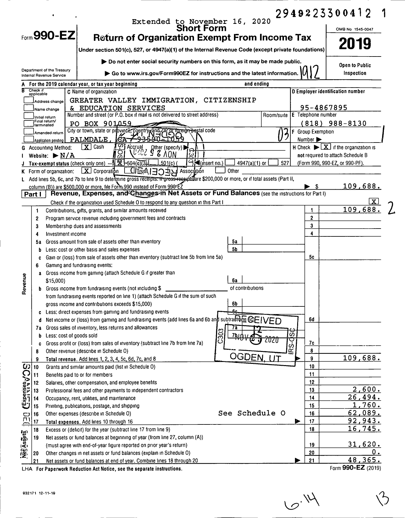 Image of first page of 2019 Form 990EZ for Greater Valley Immigration Citizenship and Education Services