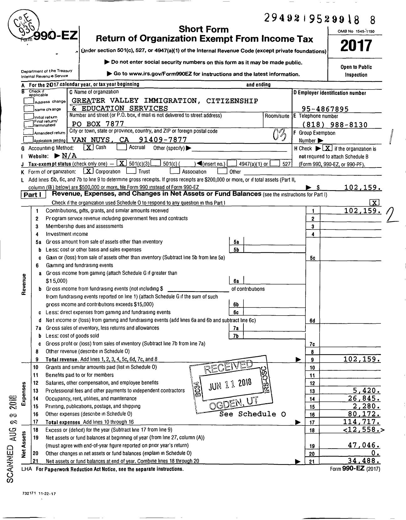 Image of first page of 2017 Form 990EZ for Greater Valley Immigration Citizenship and Education Services
