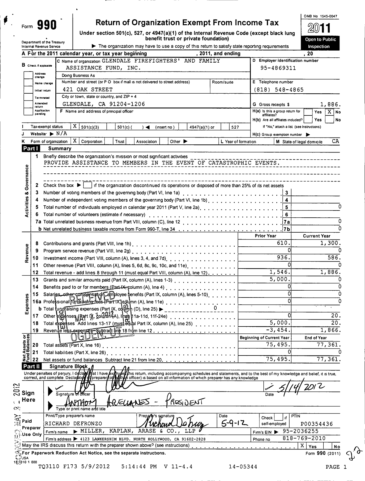 Image of first page of 2011 Form 990 for Glendale Fire Fighters and Family Assistance Fund