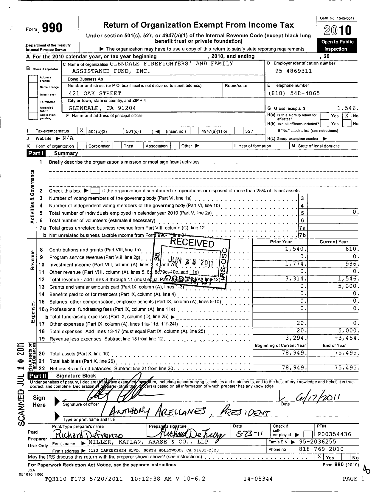 Image of first page of 2010 Form 990 for Glendale Fire Fighters and Family Assistance Fund