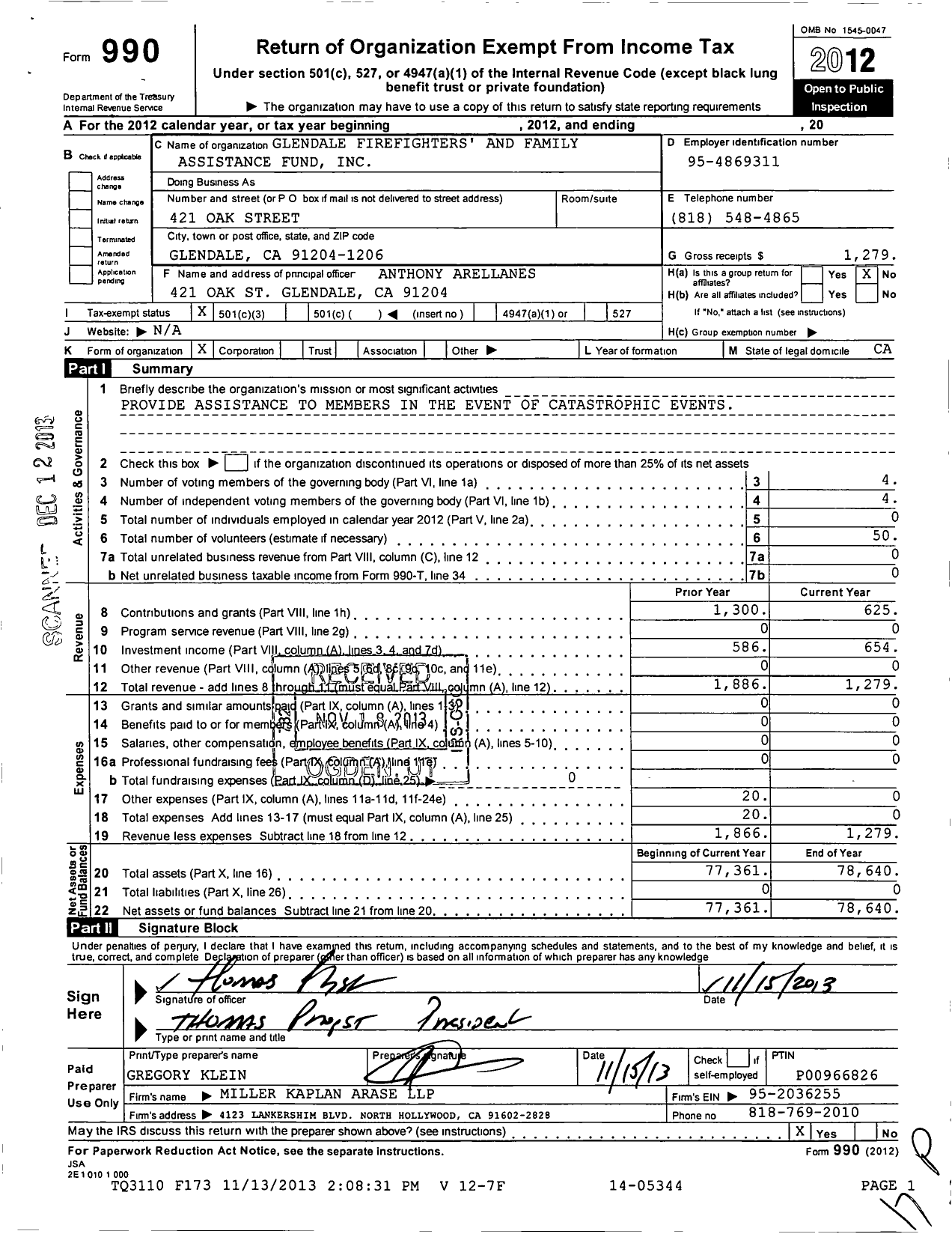 Image of first page of 2012 Form 990 for Glendale Fire Fighters and Family Assistance Fund