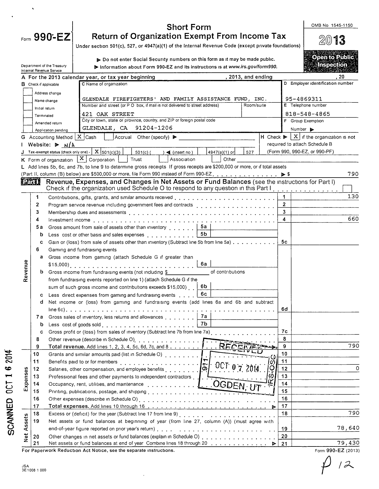 Image of first page of 2013 Form 990EZ for Glendale Fire Fighters and Family Assistance Fund